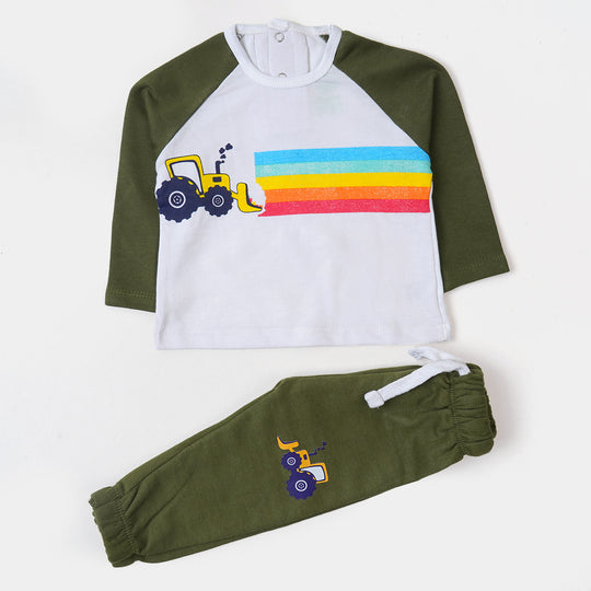 Infant Boys Knitted Suit Tractor - Olive Green/White