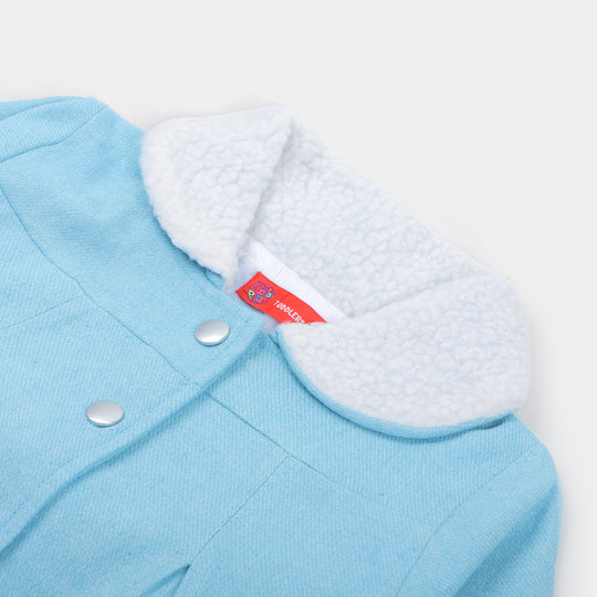 Girls Woolen Trench Coat - SKY BLUE