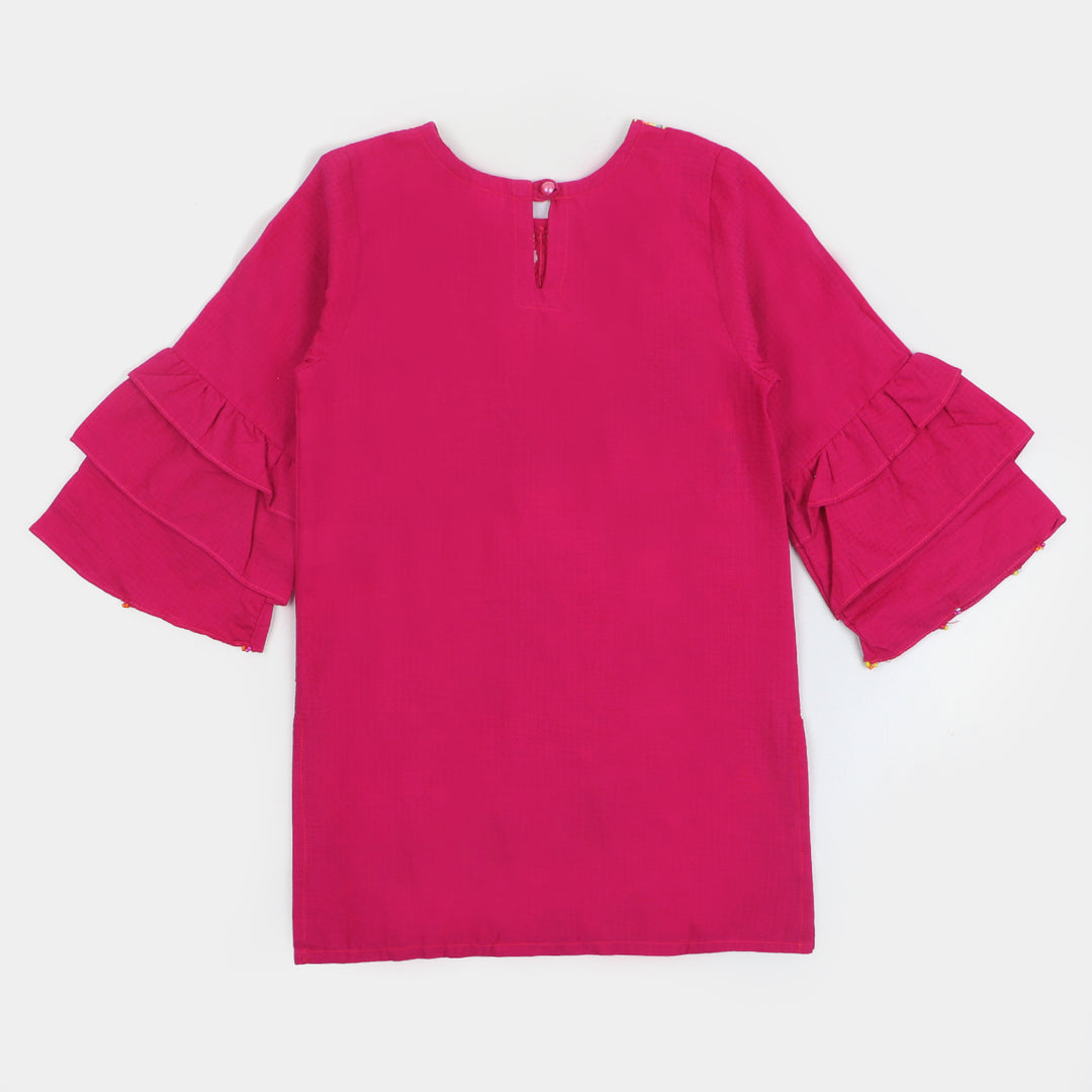 Girls Jacquard EMB Kurti - H.Pink