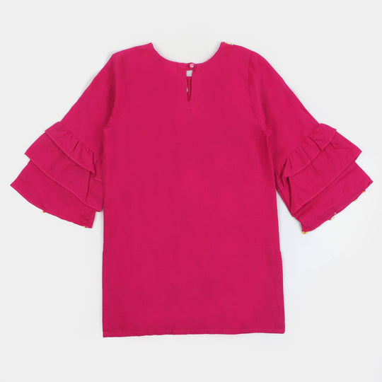 Girls Jacquard EMB Kurti - H.Pink