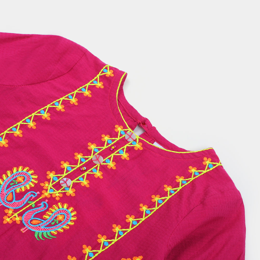Girls Jacquard EMB Kurti - H.Pink