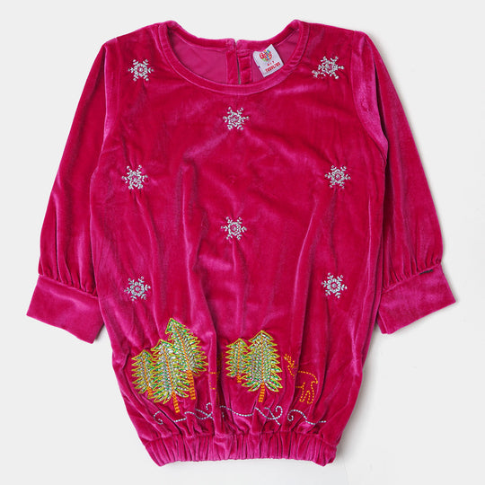 Girls Velvet EMB Top Winter Vibes - Pink