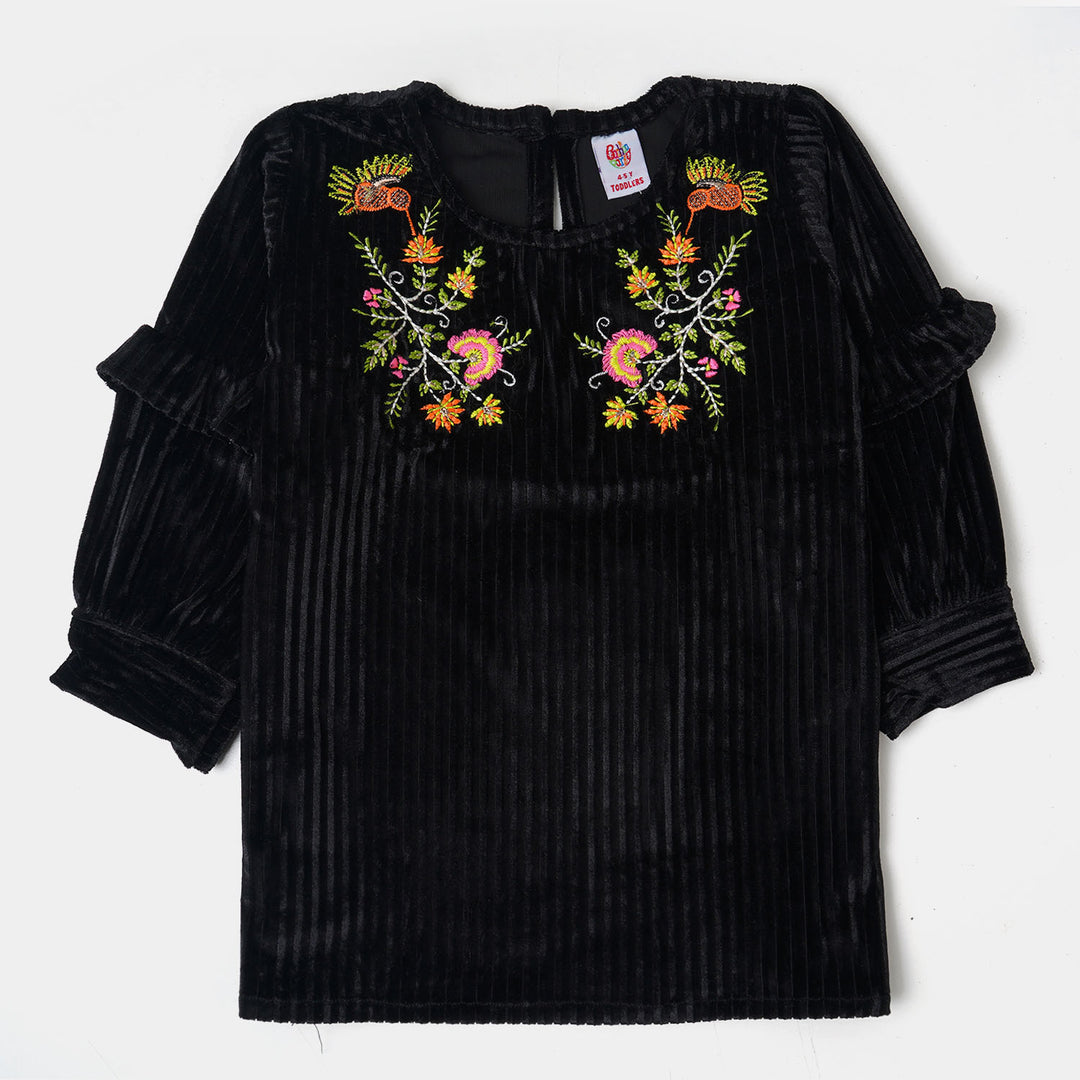 Girls Velvet EMB Top Big Floral - BLACK