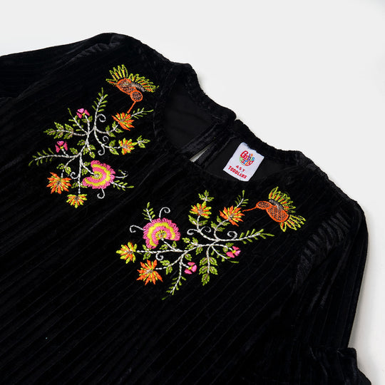 Girls Velvet EMB Top Big Floral - BLACK