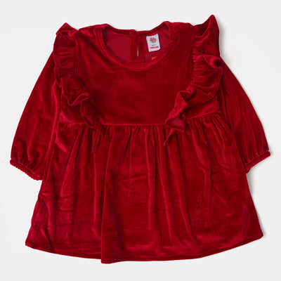 Girls Velvet Plain Top Ruffled - Red