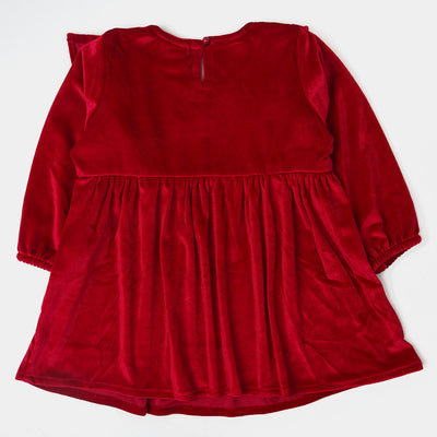 Girls Velvet Plain Top Ruffled - Red