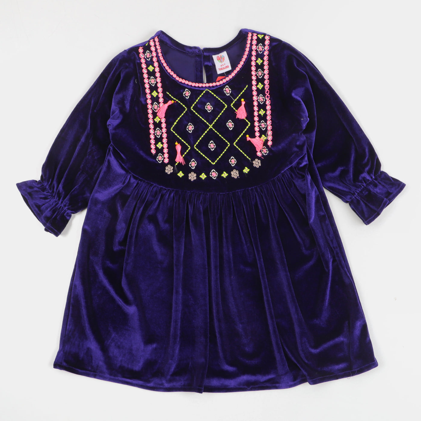 Girls Velvet Embroidered Top Hanging Tassels - Purple