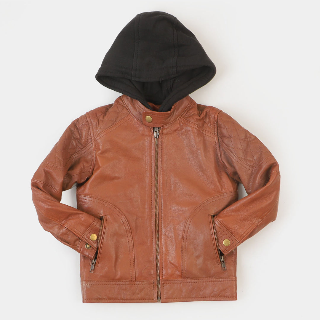 Boys Hooded Genuine Sheep Leather Jacket - Brown