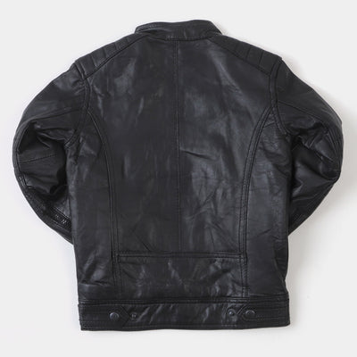 Boys Genuine  Sheep Leather Jacket Biker Sleeves-BLACK