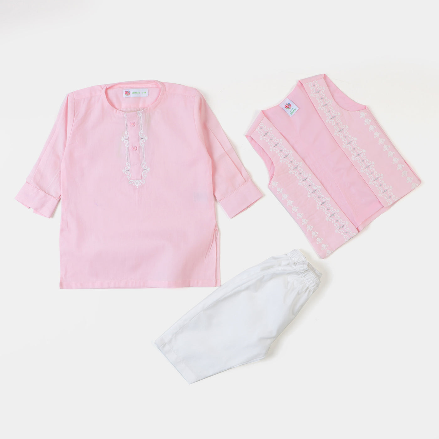 Infant Boys Embroidered 3Pcs Suit -Pink