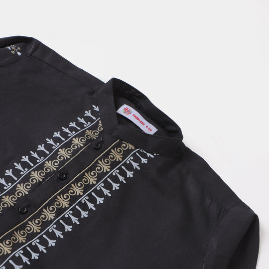 Boys Printed Kurta Black Pearl-BLACK