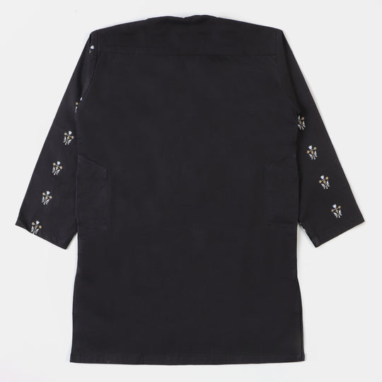 Boys Printed Kurta Black Pearl-BLACK