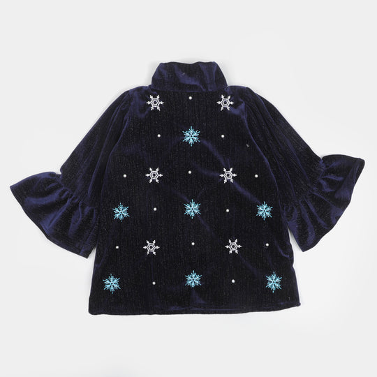 Girls Velvet Embroidered Top Ice Girl - NAVY