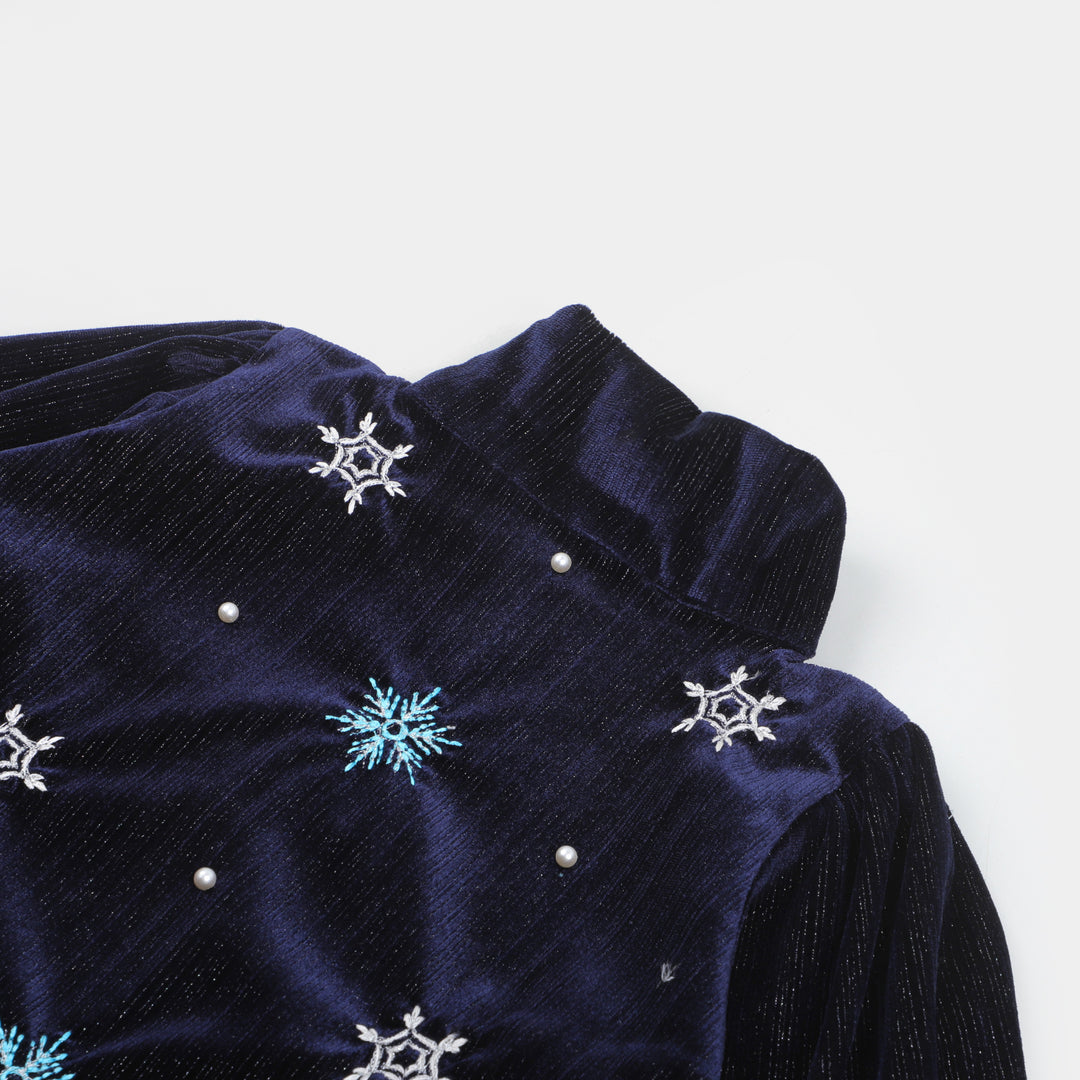 Girls Velvet Embroidered Top Ice Girl - NAVY