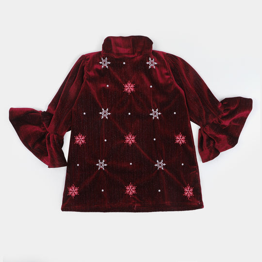 Girls Velvet Embroidered Top Ice Girl - MAROON