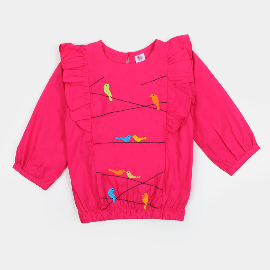 Girls Embroidered Top Birds - Magenta