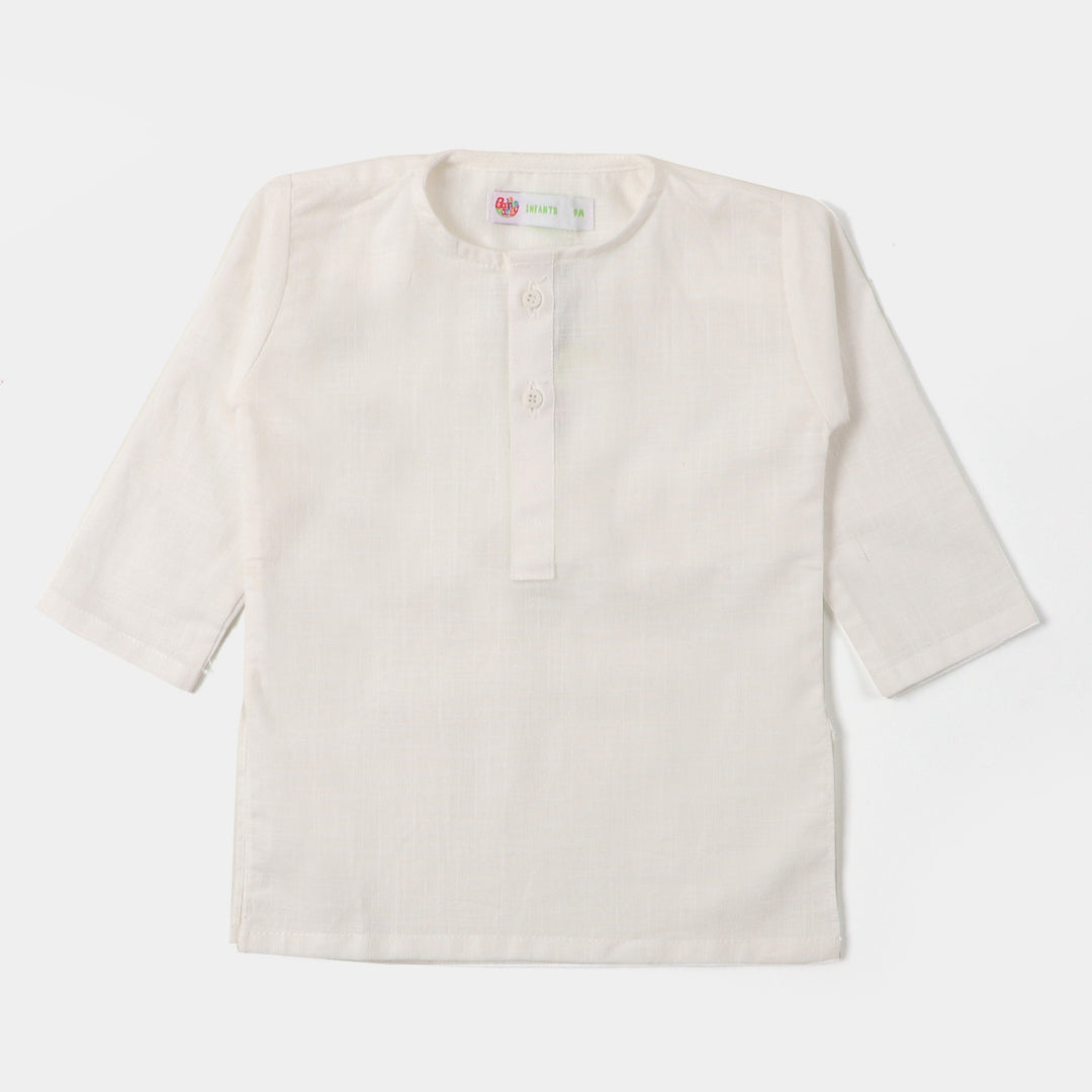 Infant Boys Plain Slub Kurta Pajama - OFF-White