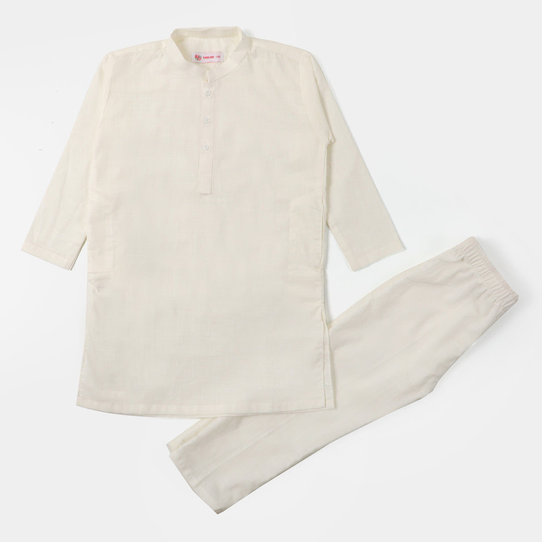 Boys Plain Slub Kurta Pajama - OFF-White