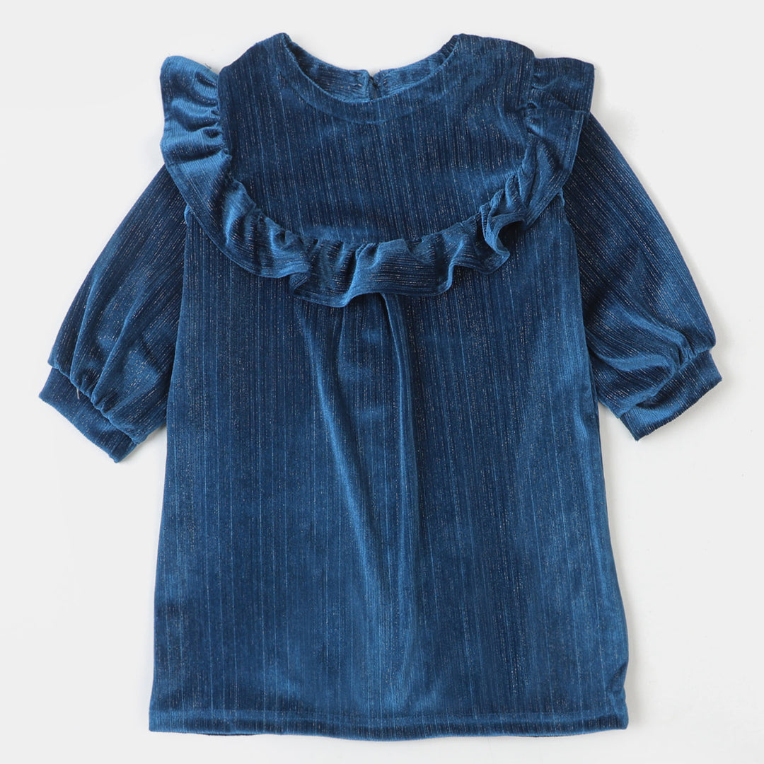 Girls Velvet Plain Top Frill Girl - Blue