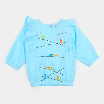 Girls Embroidered Top Birds - Light Blue