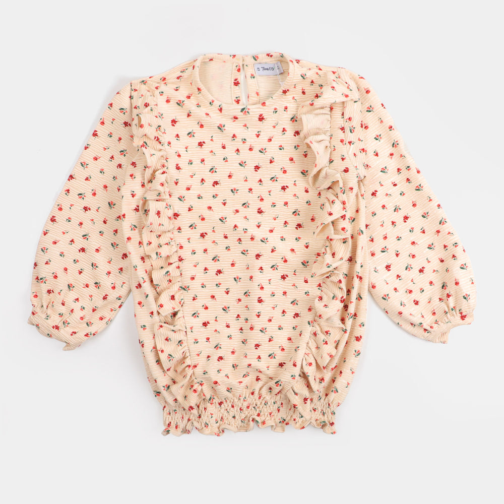 Teens Girls Velvet Printed Top Natural - Multi
