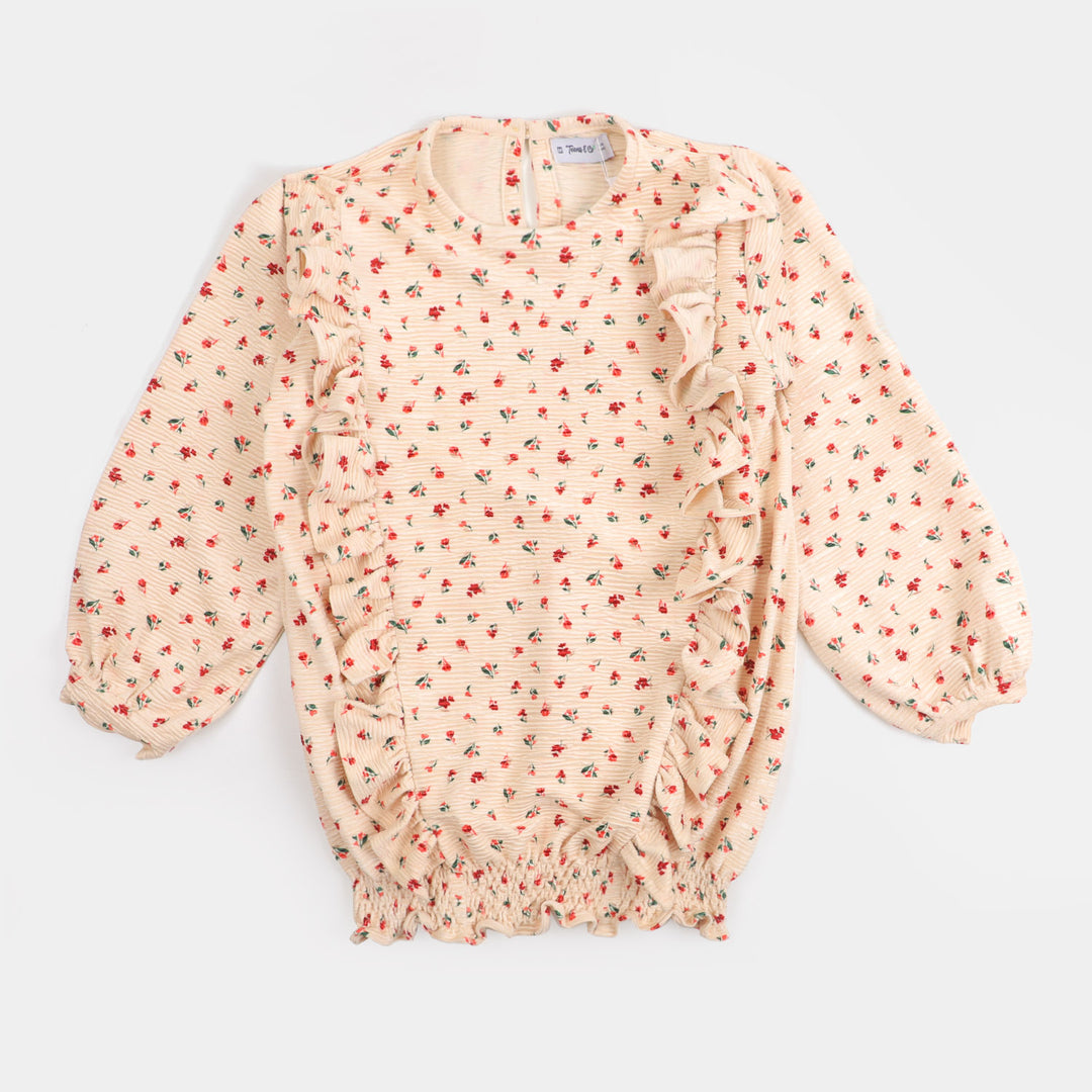 Teens Girls Velvet Printed Top Natural - Multi