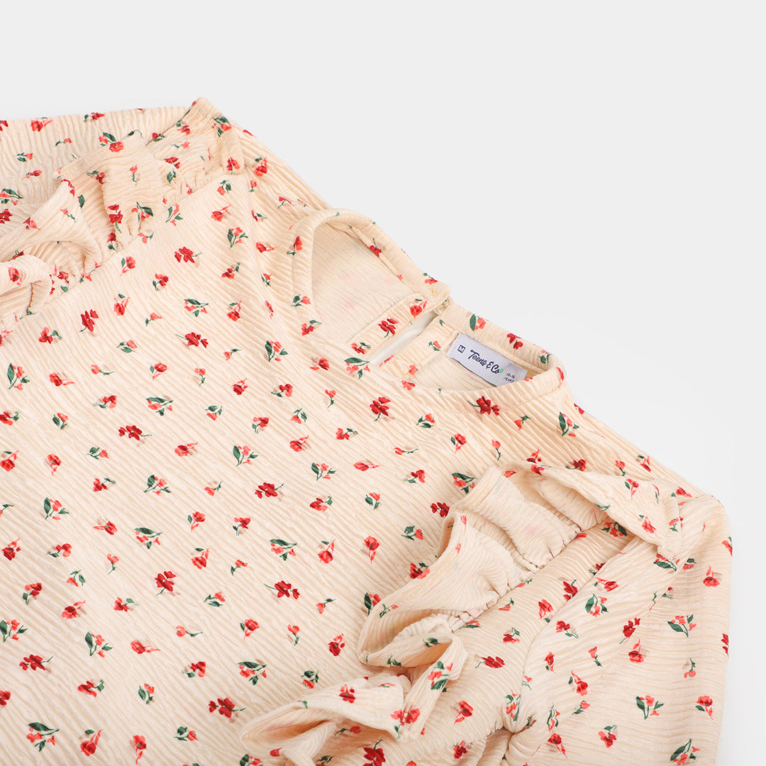 Teens Girls Velvet Printed Top Natural - Multi