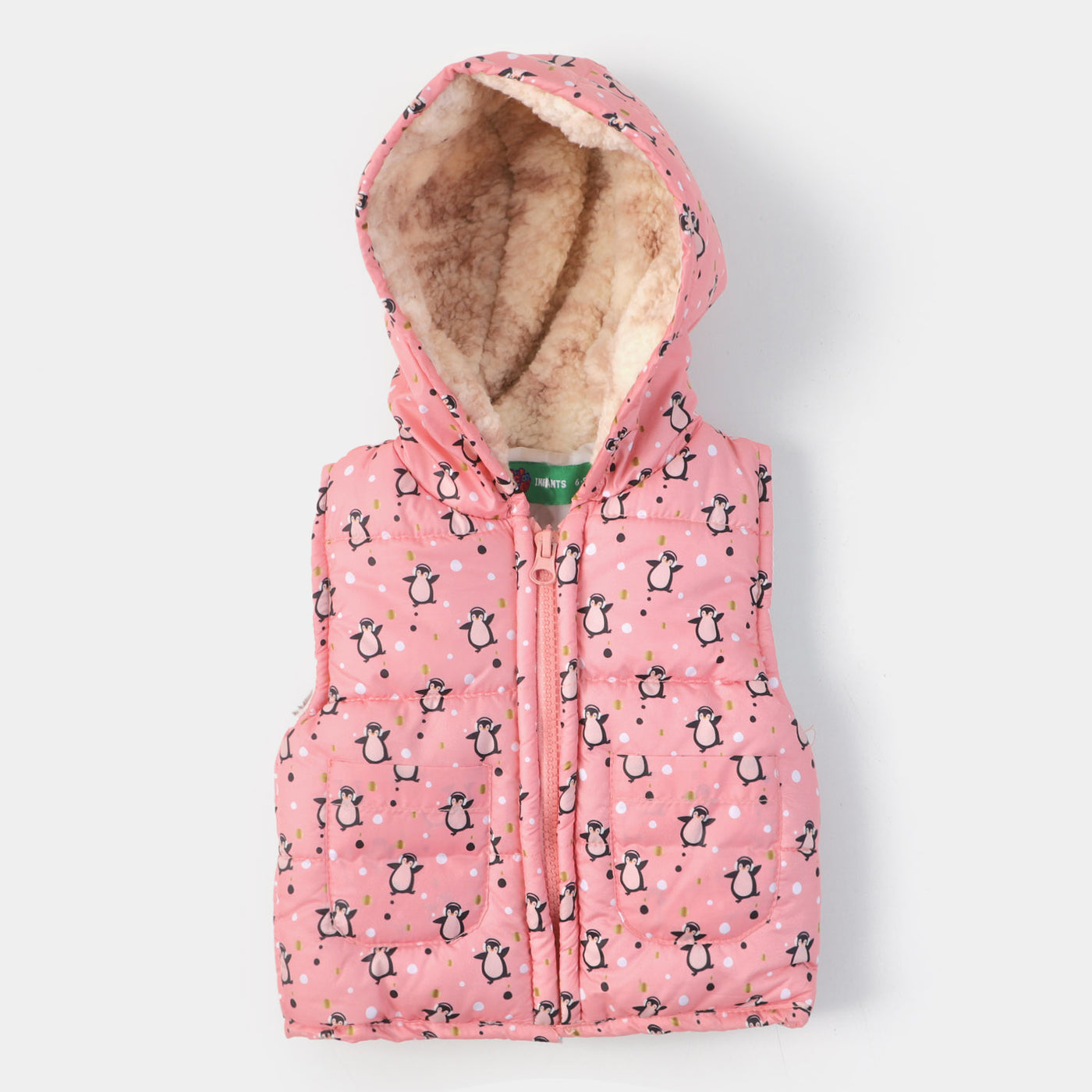Infant Girls Sleeve Less Quilted Jacket Gentoo Penguin - Peach