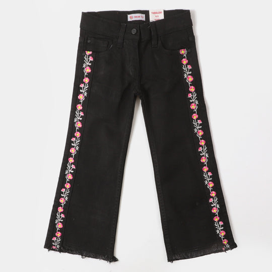 Girls Pant Denim Floral - BLACK