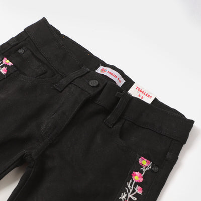 Girls Pant Denim Floral - BLACK