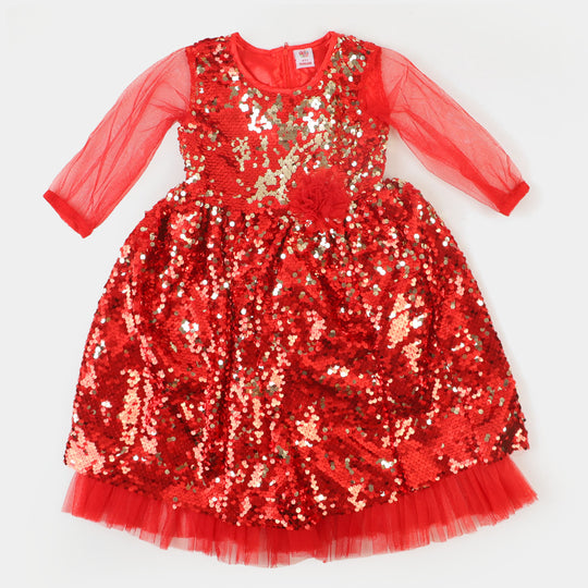 Girls Fancy Frock Full Sequins - Red