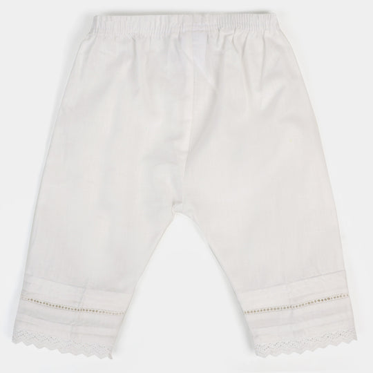 Infant Girls Cotton Pant Pleat With Lace  - White