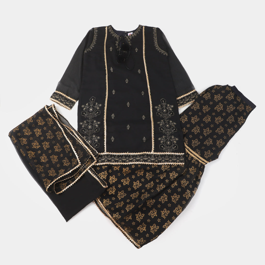 Girls Chiffon 3Pcs Suit - BLACK