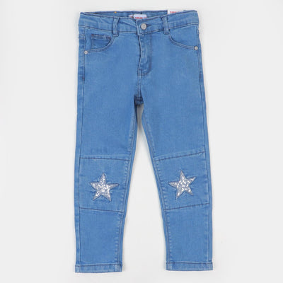 Girls Pant Denim Sequins Star - Mid Blue