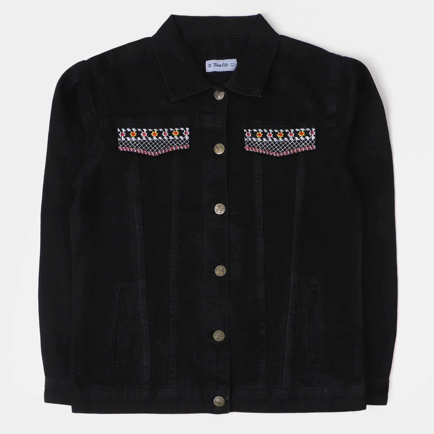 Teens Girls Denim Jacket Yoke Embroidered - BLACK