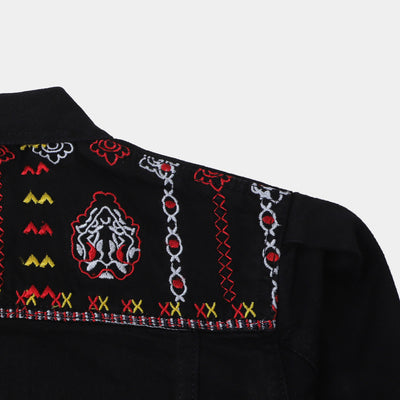 Teens Girls Denim Jacket Yoke Embroidered - BLACK