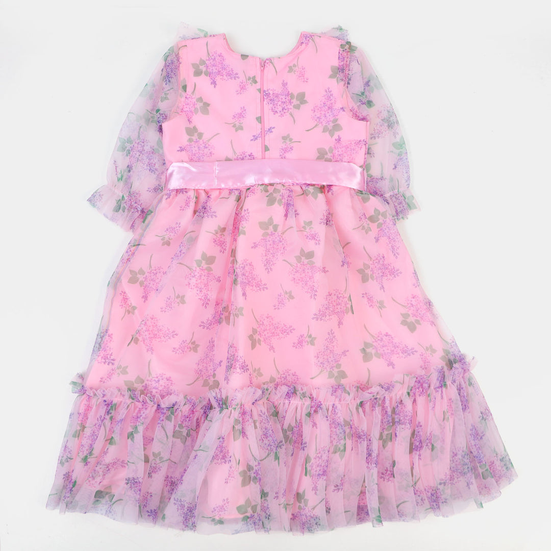 Girls Long Dress Printed Net - Pink