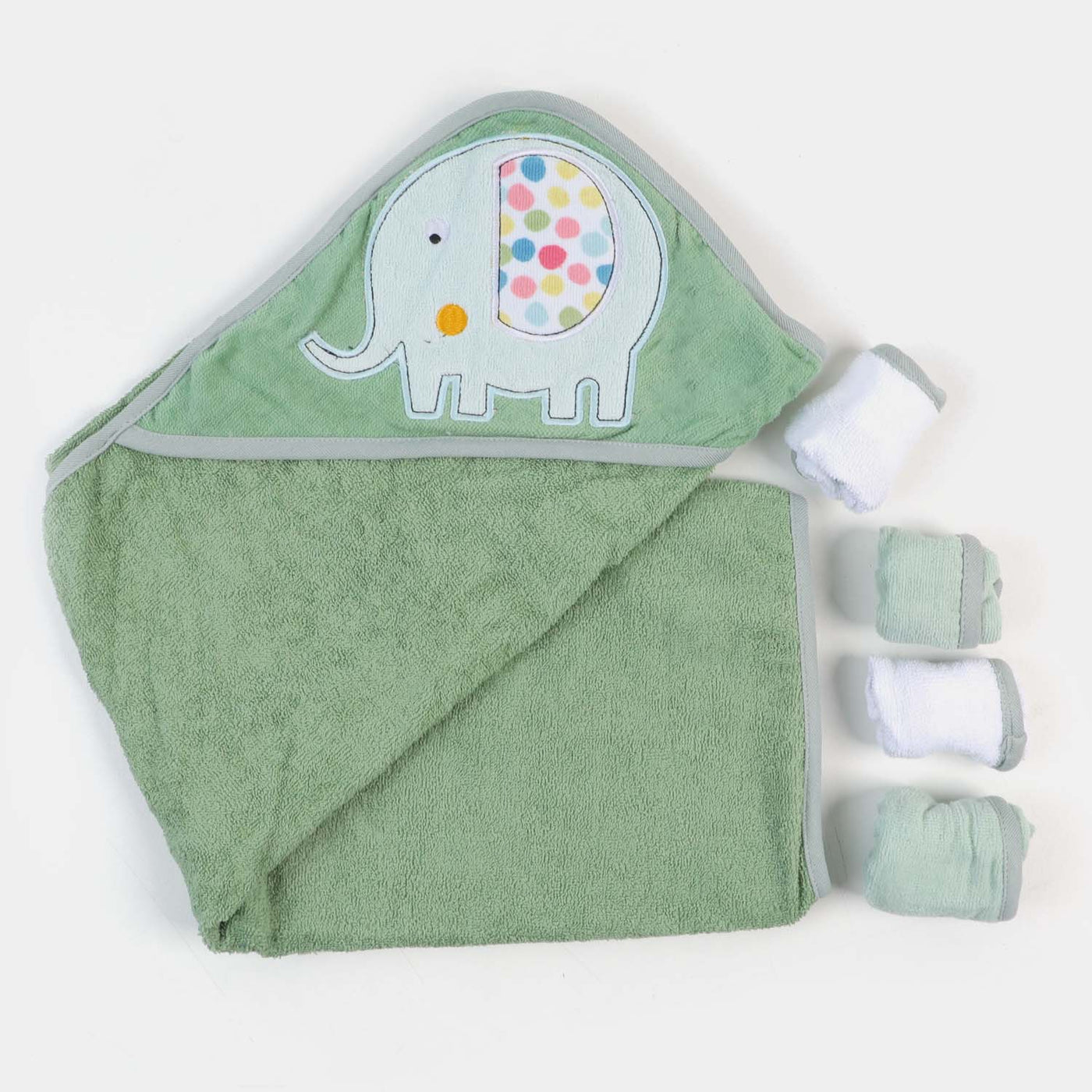 Baby Bath Towel + 4PCs Face Towel - Green