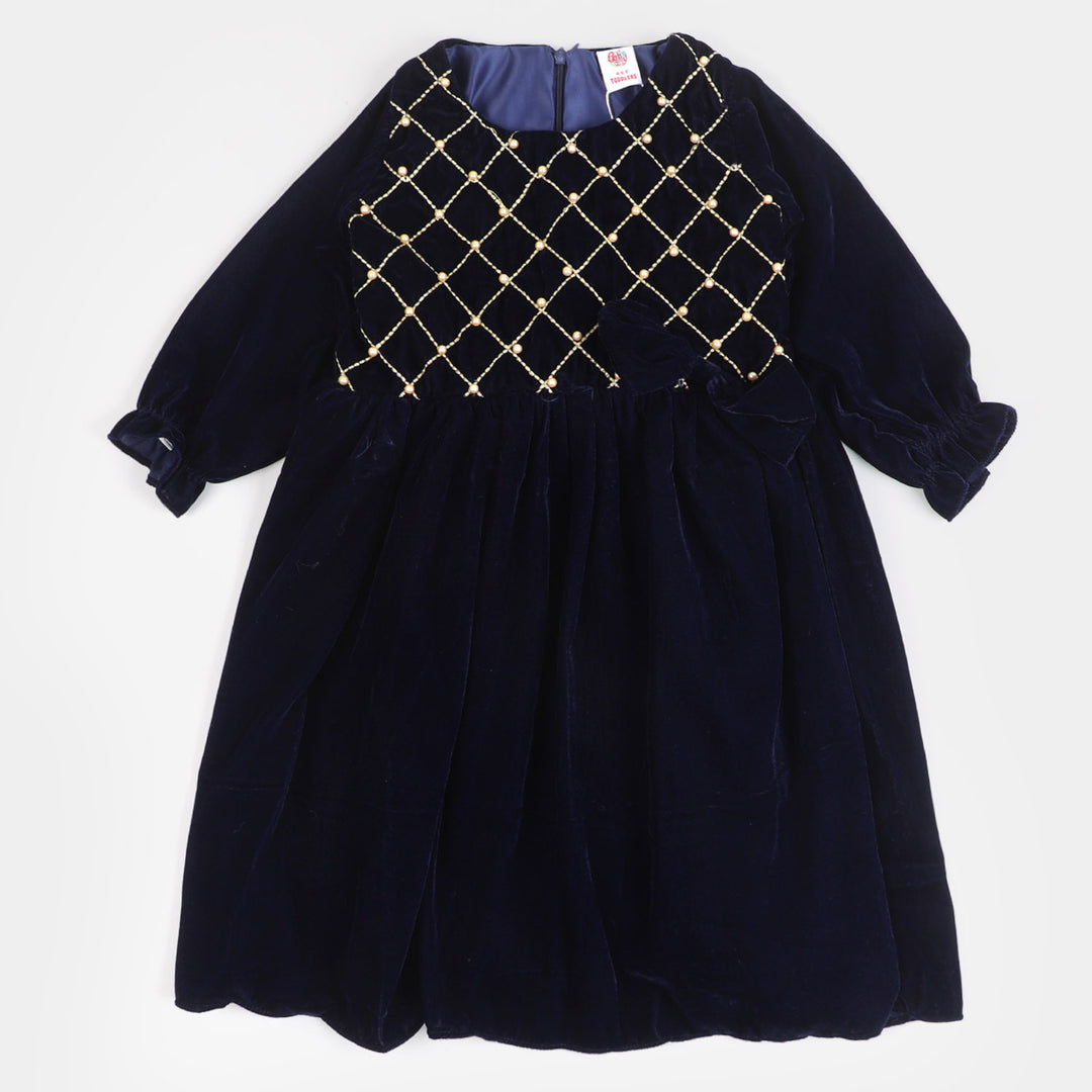 Girls Fancy Frock Velvet EMB - Blue