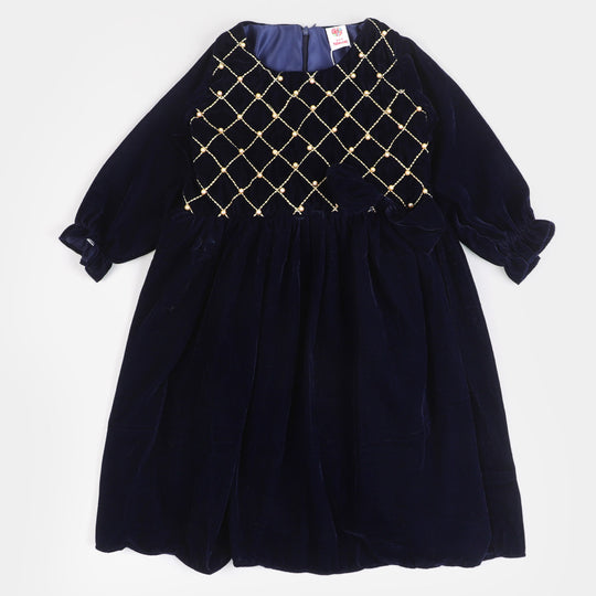 Girls Fancy Frock Velvet EMB - Blue