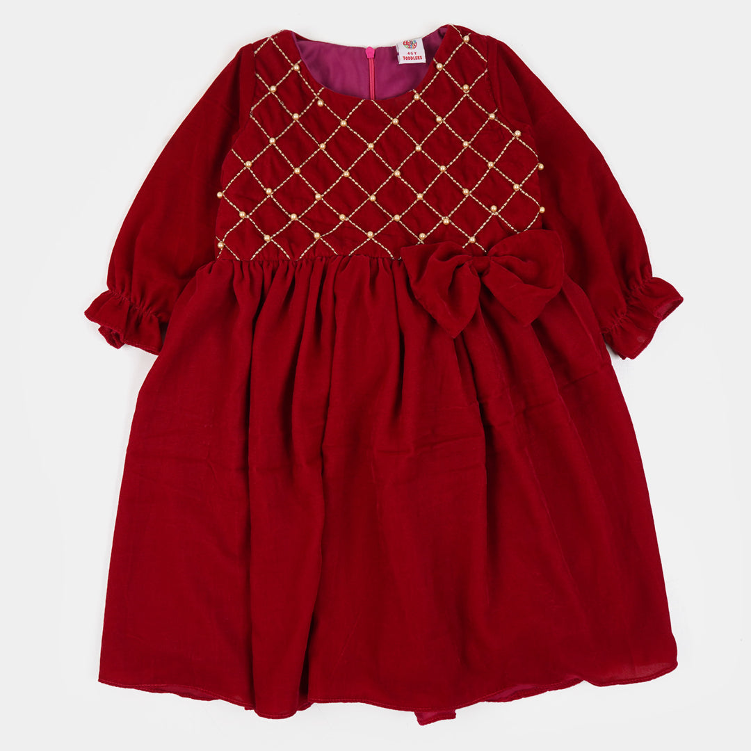 Girls Fancy Frock Velvet EMB - MAROON