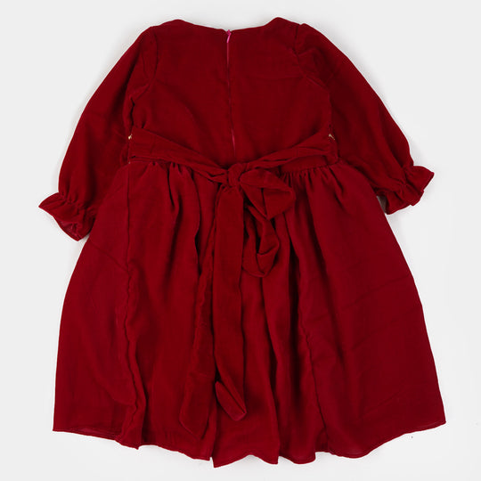 Girls Fancy Frock Velvet EMB - MAROON