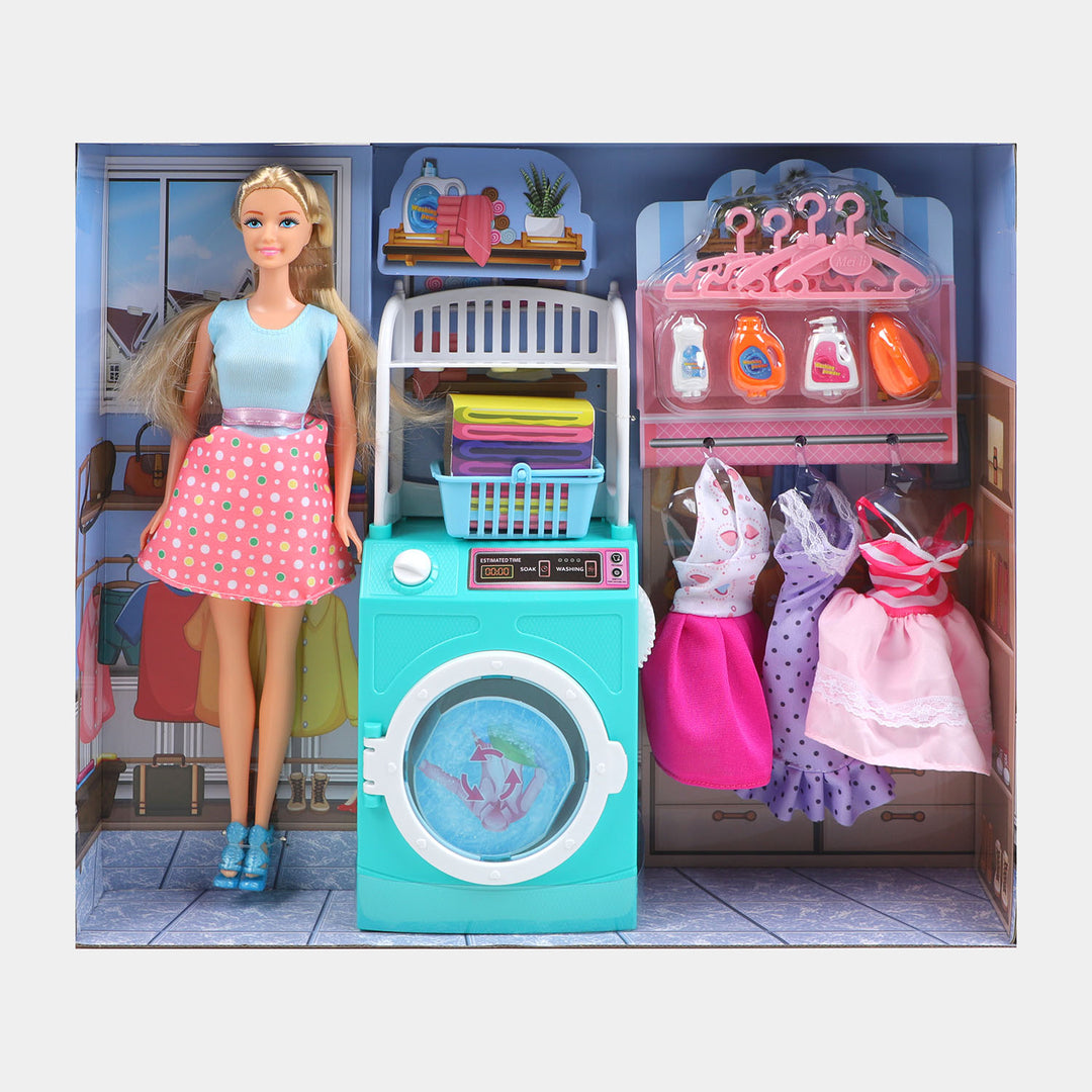 Laundry Doll With Washing Machine, Hanger, Clothes Set Toy