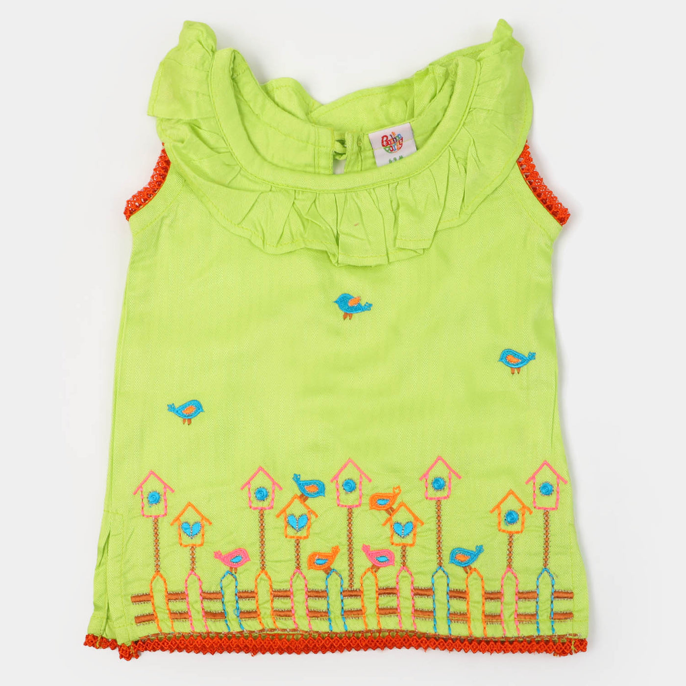 Infant Girls Cotton Embroidered Kurti Playing Bird | Green
