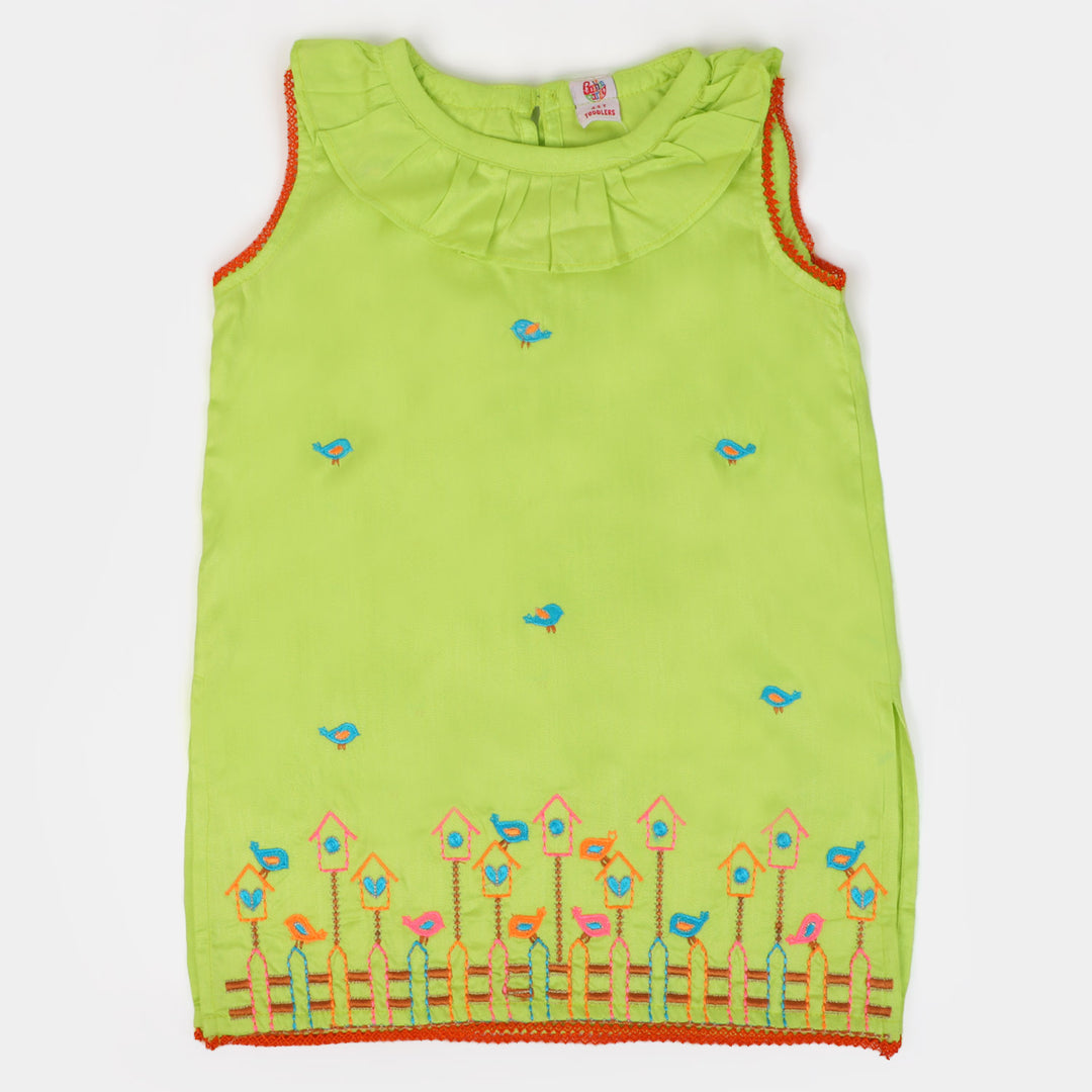 Girls Cotton Embroidered Kurti Playing Bird - Green