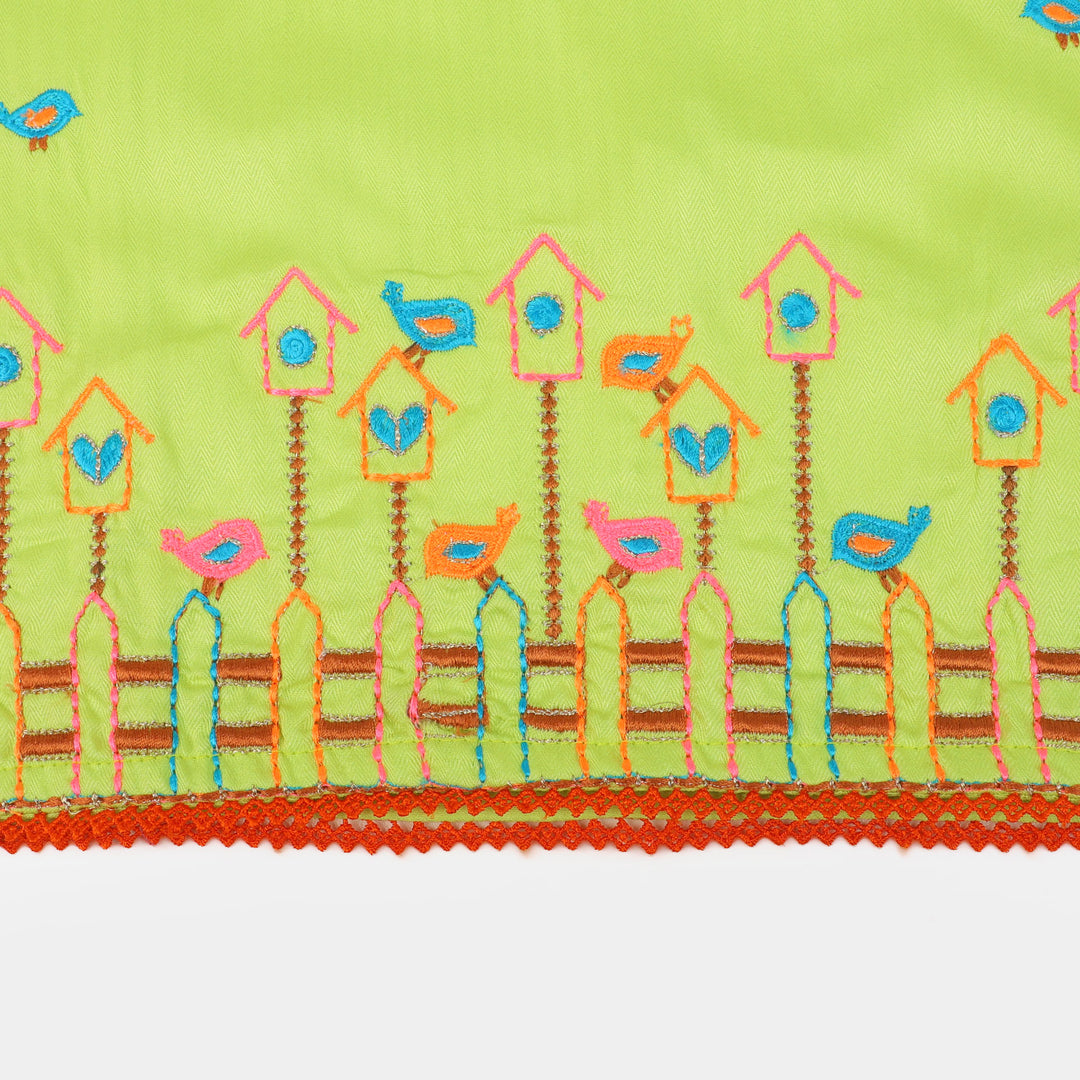 Girls Cotton Embroidered Kurti Playing Bird - Green