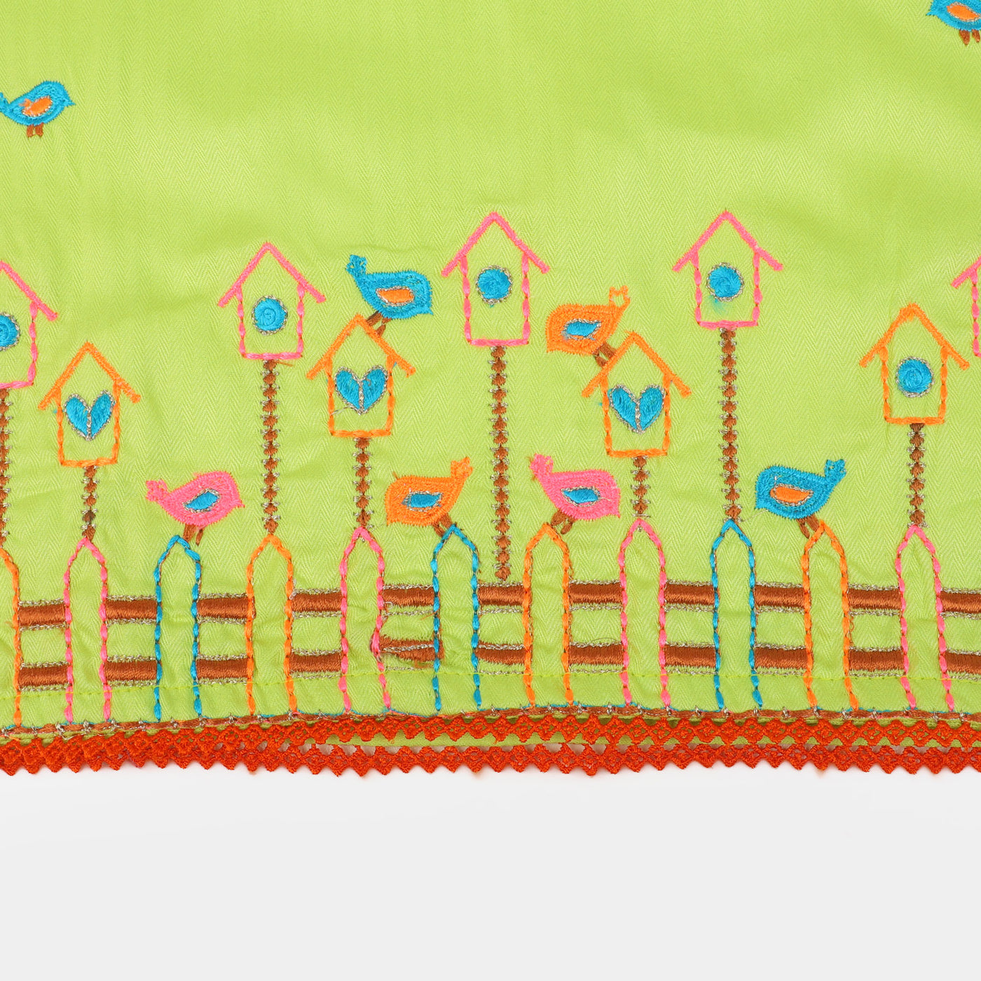 Girls Cotton Embroidered Kurti Playing Bird - Green