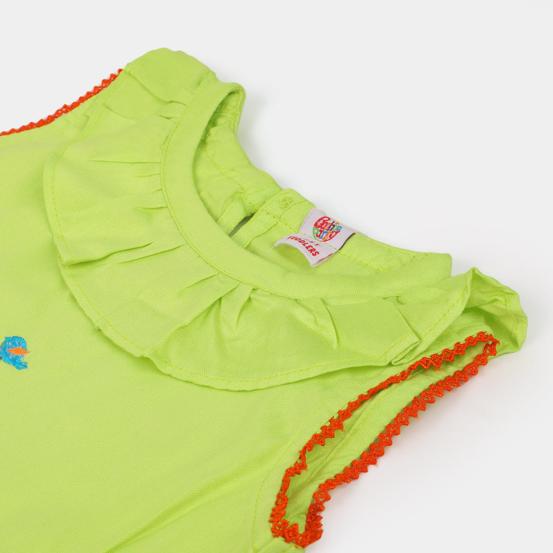 Girls Cotton Embroidered Kurti Playing Bird - Green