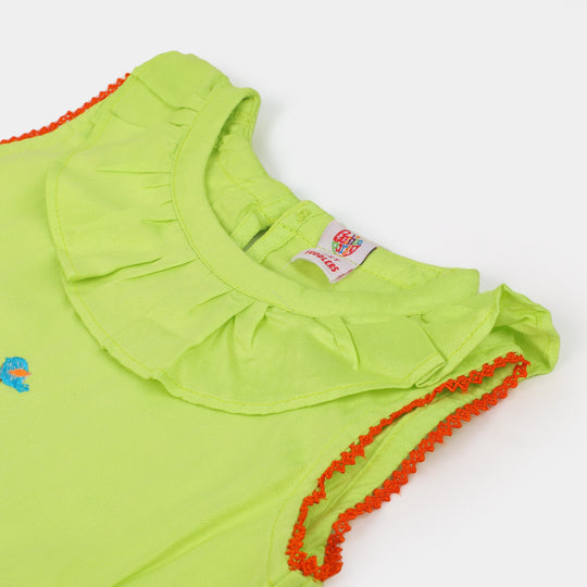 Girls Cotton Embroidered Kurti Playing Bird - Green
