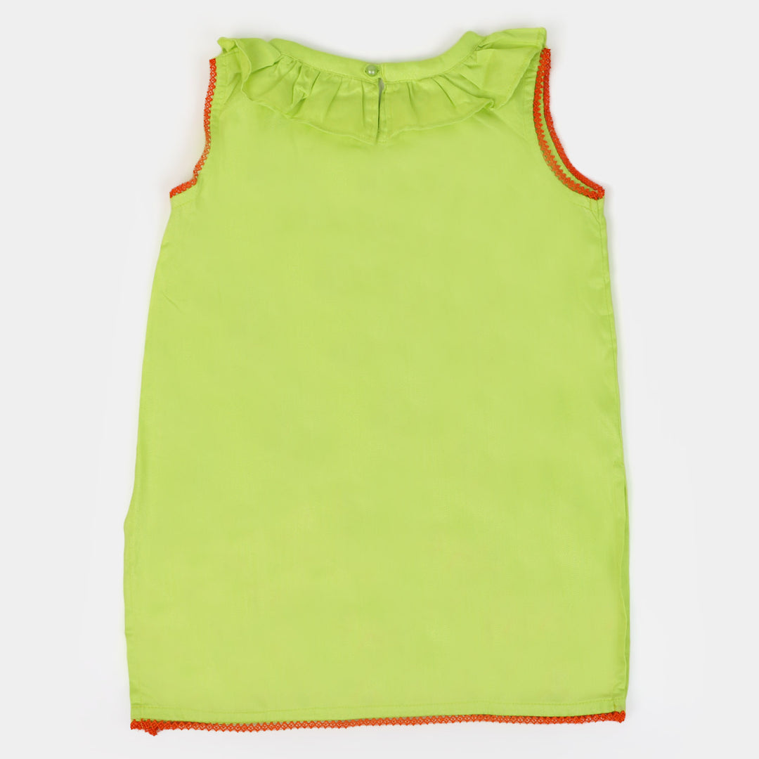 Girls Cotton Embroidered Kurti Playing Bird - Green